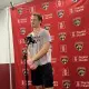 Panthers' forward Matthew Tkachuk speaking in front of microphone