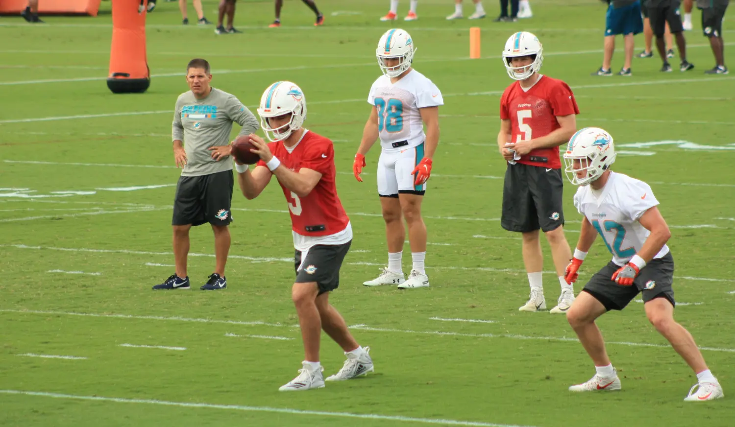 Josh Rosen, taking a snap in minicamp, has a lot of work to catch up to veteran Ryan Fitzpatrick. (Craig Davis/Fivereasonssports.com)